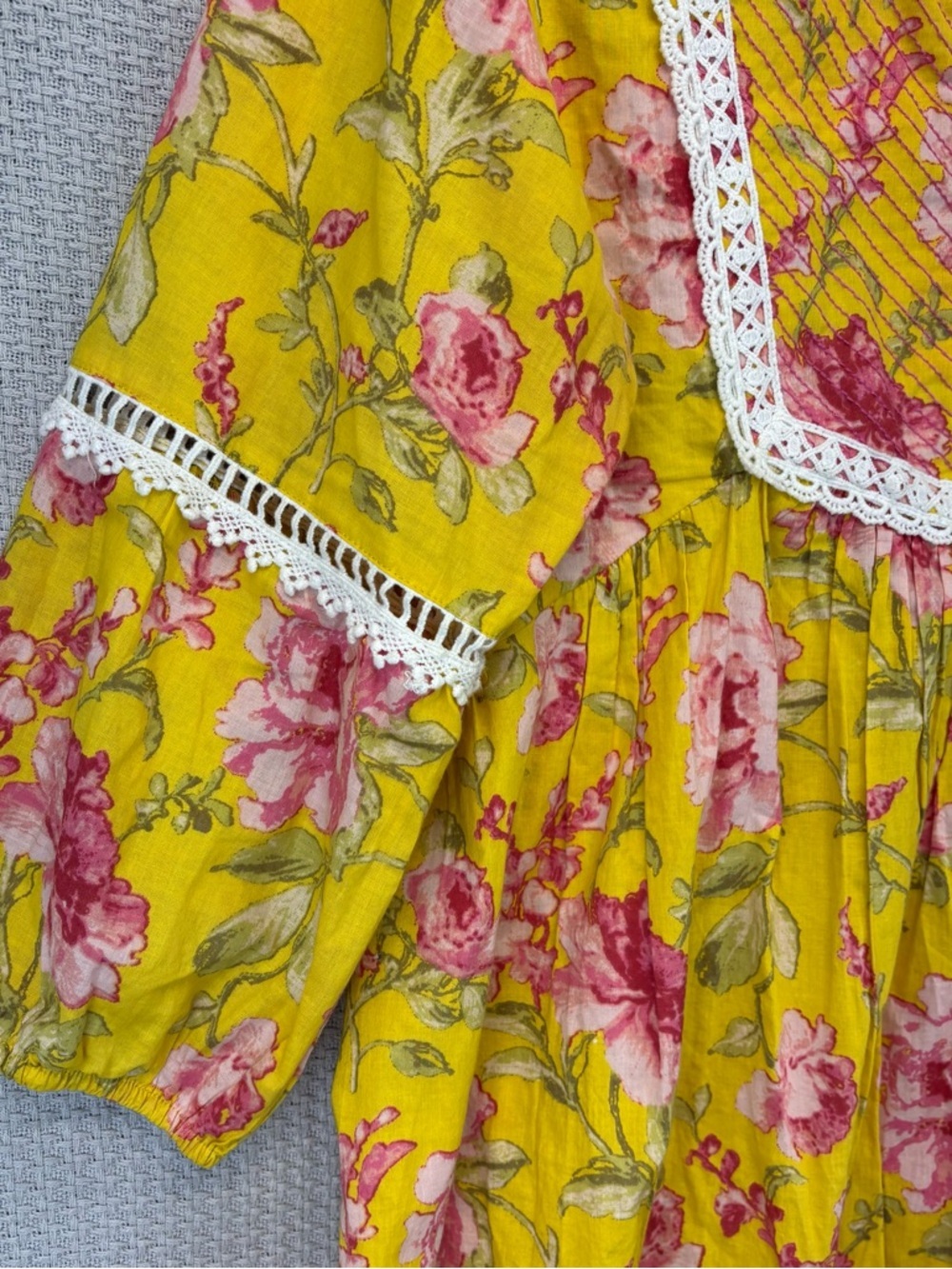 BIBA Yellow Floral Lightweight Boho Hippie Mini Dress Wide Sleeve Boho Sz 40 Med - Picture 4 of 9